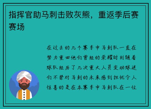 指挥官助马刺击败灰熊，重返季后赛赛场